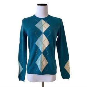 CHARTER CLUB Sz S 2 Ply 100% Cashmere Teal Green Argyle Print Sweater